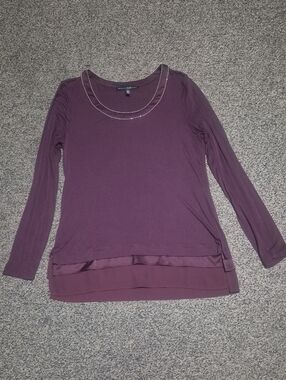 White House Black Market Plum Layered-Hem Long Sleeve Top with Beaded Neckline